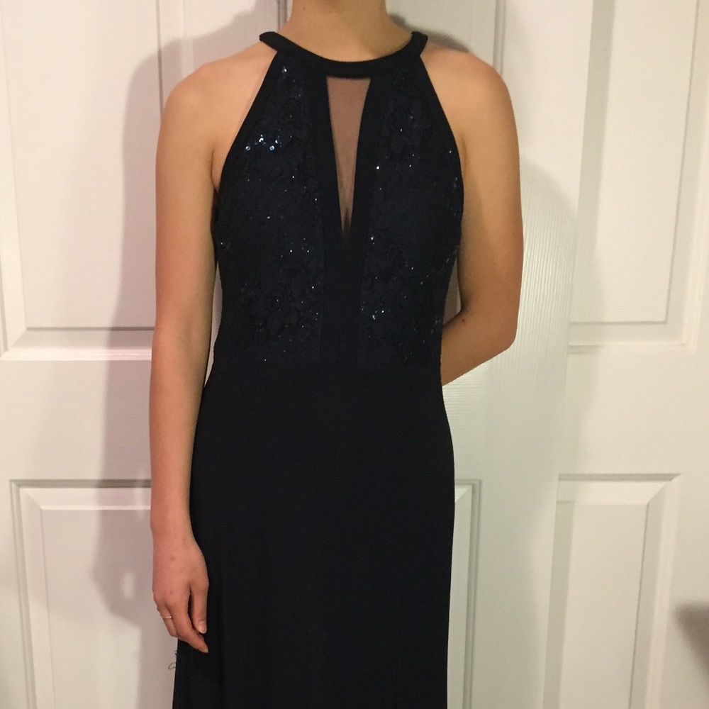 Dark Blue Lace Halter Gown